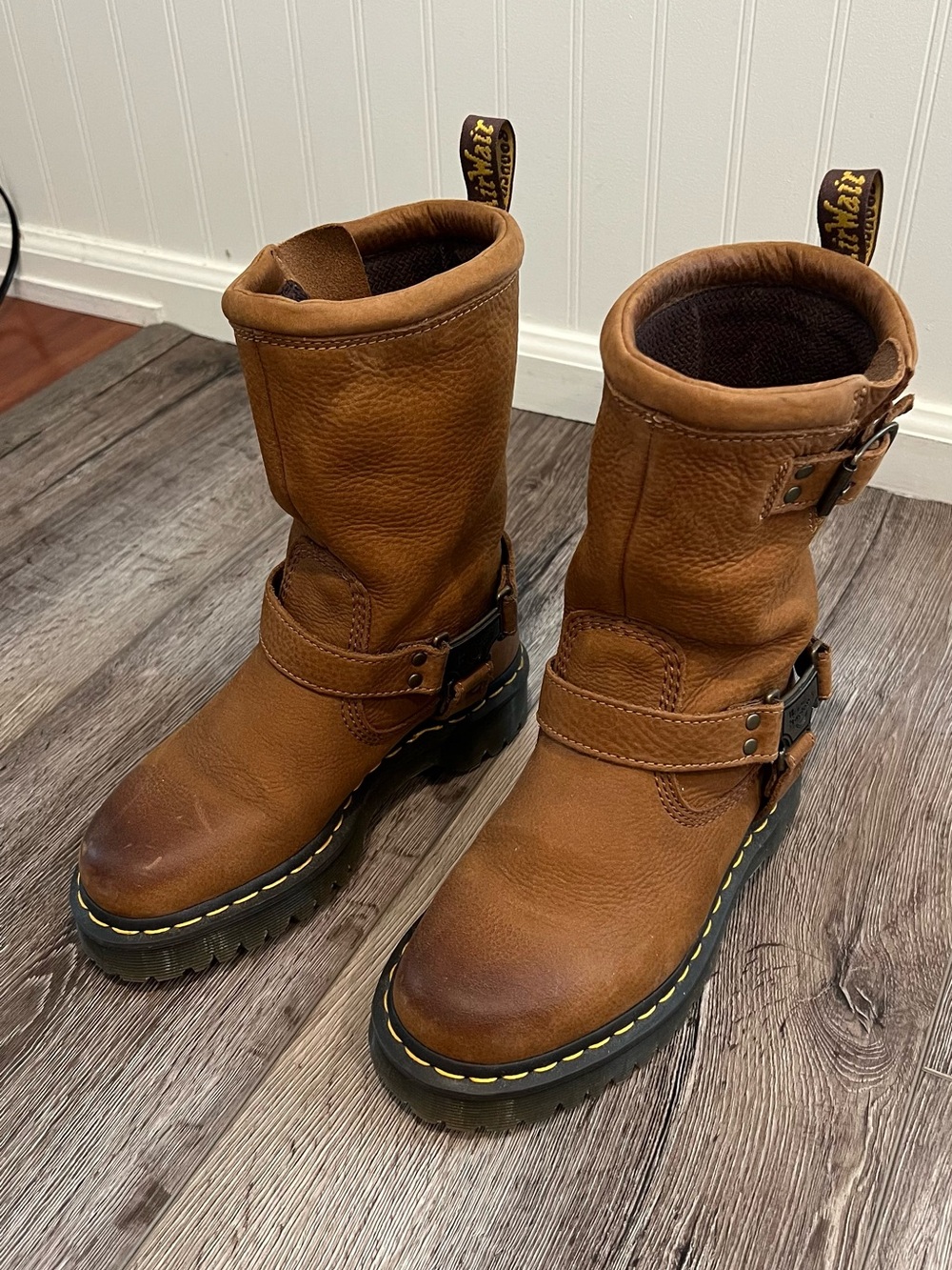 Dr. Martens Women's Tan Brown Leather Moto Engineer Boots